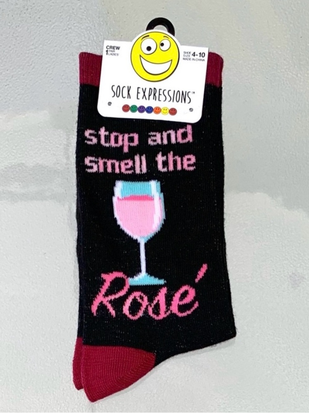 Sock Expressions Stop & Smell the Rosé Black Crew Socks, Women’s Shoe 4-10